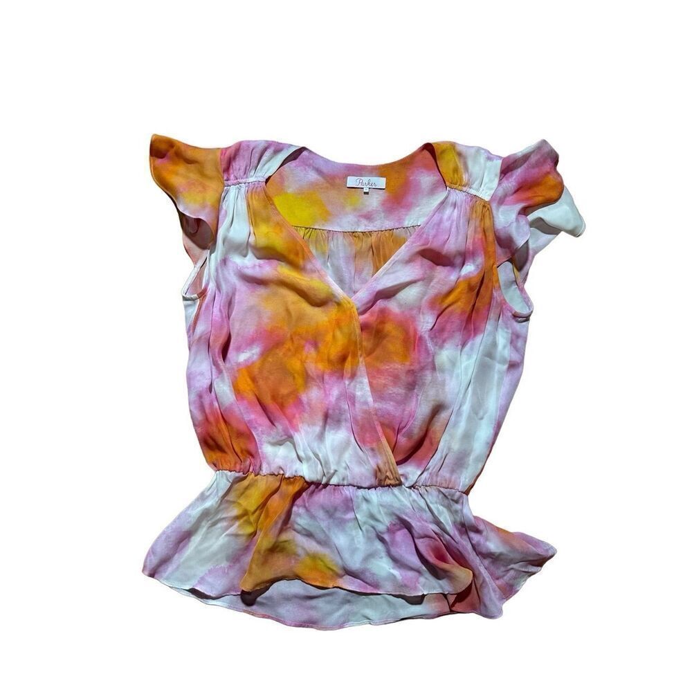 Parker silk blend tie dye womens ruffle Vneck blouse sz S